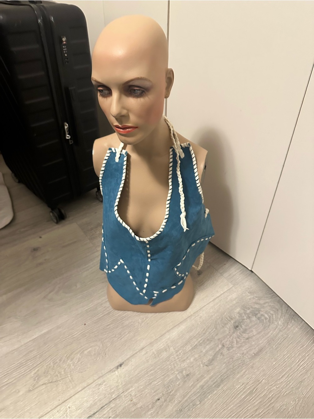 Hand Crafted Blue Suede Halter Camisole with White Deerskin Lace sz M